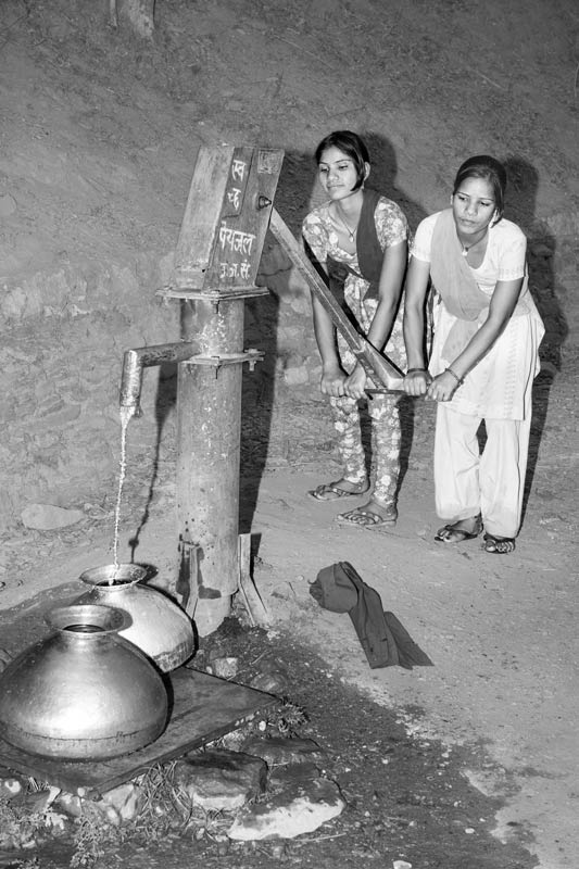 A heavy-duty handpump perched on the Himalayan slopes near a village in Tehri Garhwal district, Uttarakhand